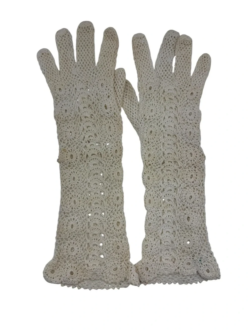 Vintage 1930s Hand Crochet Cotton Gloves. Opera Length, Ivory, Wedding, Forma;